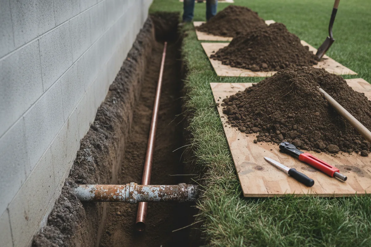 Excavated water line trench during Water Softener Installation in Cheyney